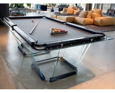 MESA DE BILLAR LUXURY GLASS2,  DE CRISTAL TEMPLADO ESTRUCTURA DE ACERO INOXIDABLE, 7FT ó 8FT